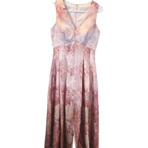 TS COUTURE Pink White Floral LONG Formal DRESS V Neck Lined High Front Slit Sz 4